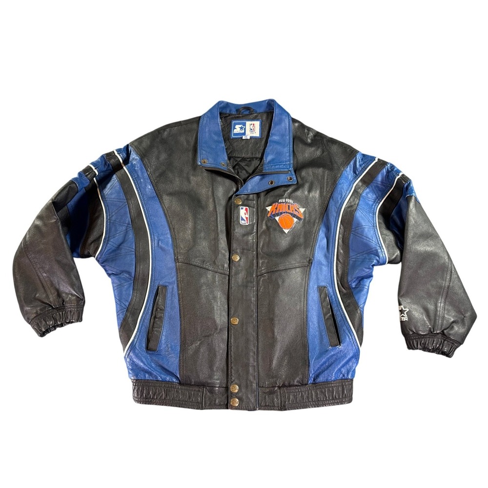 Vintage Starter New York Knicks Jacket Mens Medium Black Leather NBA Bomber 90s